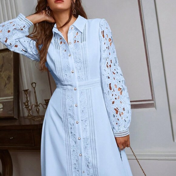 Blue Elegant Women's Lace Patchwork Formal Gown - Picture 4 of 7